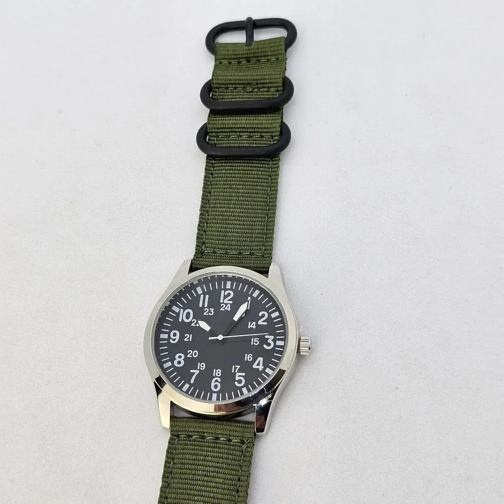Men's‎ Field Watch 42MM Large Gray Case Black Dial Army Green Canvas Band Straps